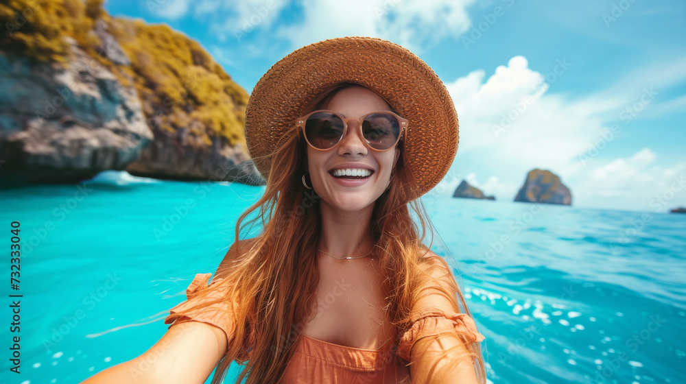 A cheerful young woman in a sunhat and sunglasses takes a selfie with the crystal blue sea and rocky islands in the background. A cheerful young woman in a sunhat and sunglasses takes a selfie with the crystal blue sea and rocky islands in the background.