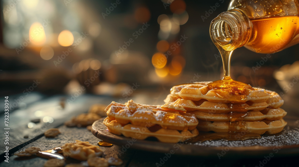 Golden honey drizzling onto a stack of homemade waffles, highlighted by warm sunlight and a cozy atmosphere.