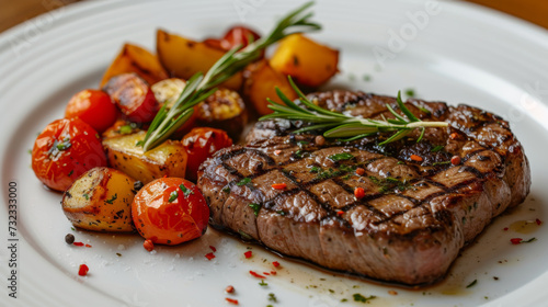 Perfectly grilled steak garnished with fresh rosemary, alongside roasted cherry tomatoes and potatoes, served on a white plate.