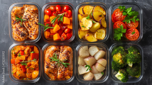 Assorted meal prep containers lined up  each filled with a portion of grilled chicken breast  a variety of roasted vegetables  and garnished with fresh herbs.