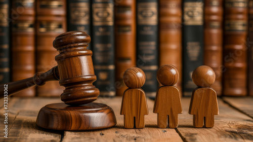 Wooden gavel and figures symbolizing people involved in legal proceedings, with a backdrop of law books on a shelf in a courtroom setting. photo