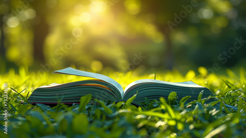 An open book on the lush green grass basks in the golden sunlight of a serene afternoon.