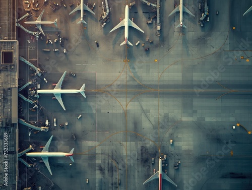 Top-down view of a bustling airport with planes taxiing