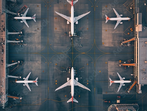 Top-down view of a bustling airport with planes taxiing