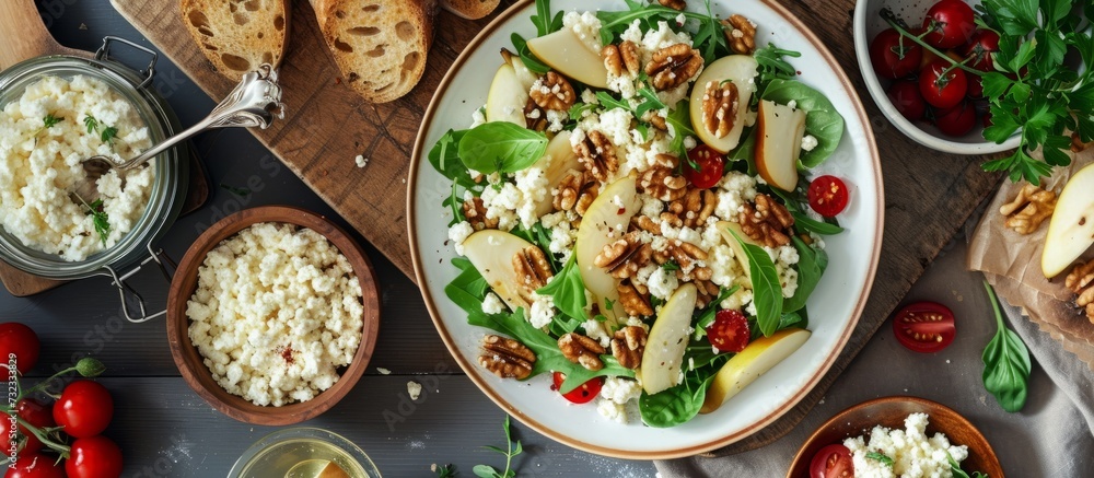 There is a plate of food on the table with a delicious salad made of fresh leaf vegetables. There is a plate of food on the table with a delicious salad made of fresh leaf vegetables.