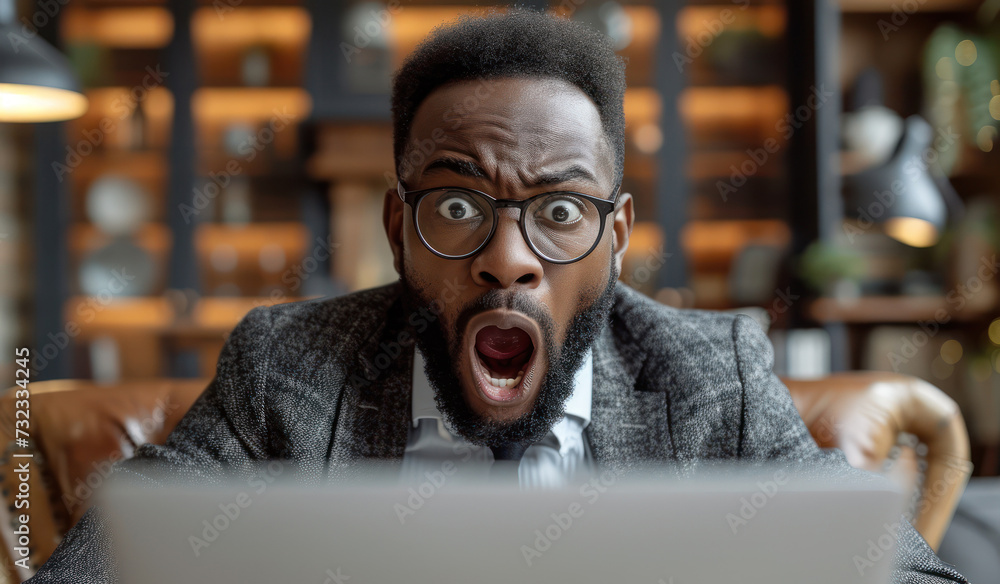 African American Business Man Screaming While Looking at a Laptop extreme closeup. Generative AI African American Business Man Screaming While Looking at a Laptop extreme closeup. Generative AI