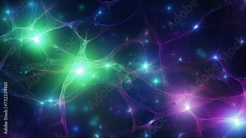 Multicolored neural connections. Abstract beautiful dots connected by lines and threads, the concept of consciousness, entanglement and modern technology. Brain work. AI generated