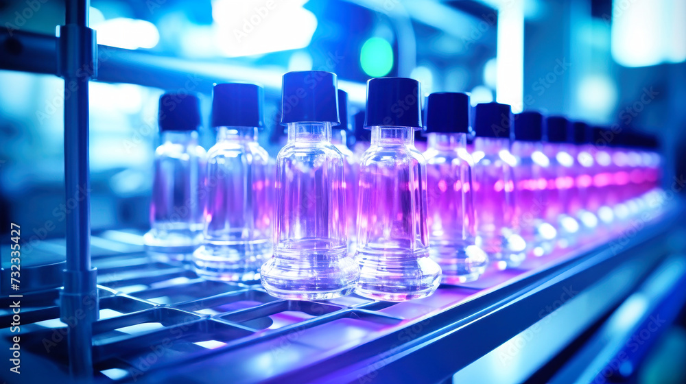 Row of Bottles Filled With Liquid on Conveyor Belt in Pharmaceutical Production. Bottles with medicines on the conveyor. Selective focus. Close-up.