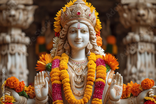 Happy Navrati Concept. Mythological Durga Idol Statue During Navrati Festival India extreme closeup. Generative AI photo