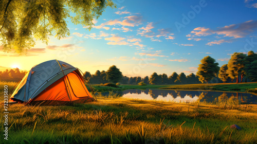Tourist Tent on Lush Green Field. Hiking and outdoor recreation.
