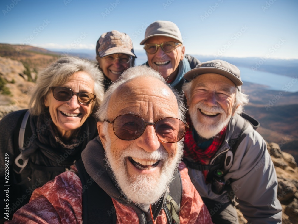 Group of joyful seniors taking a selfie on a mountain hike, AI generated