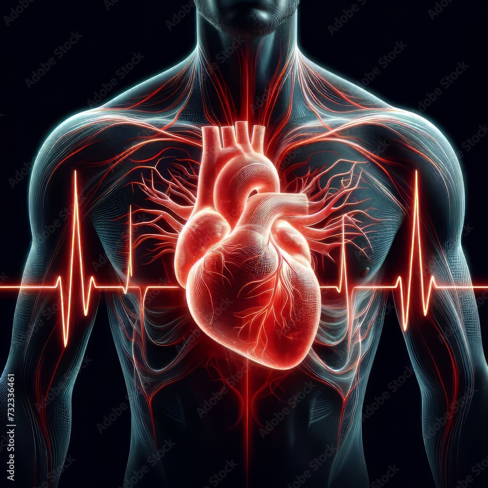 Abstract human heart shape with red cardio pulse line. Creative stylized red heart cardiogram with the human heart on a black background Abstract human heart shape with red cardio pulse line. Creative stylized red heart cardiogram with the human heart on a black background