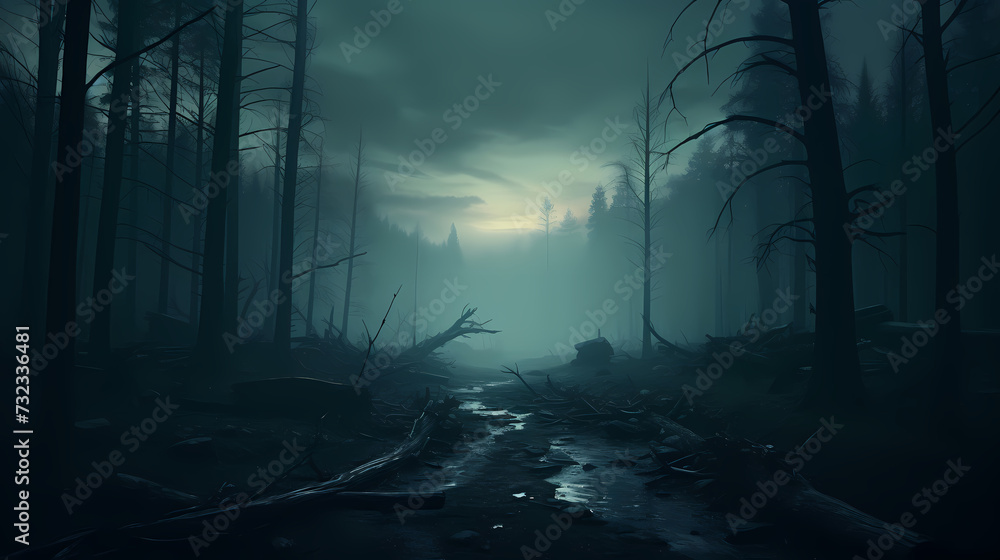 Forest landscape, exotic foggy forest Forest landscape, exotic foggy forest