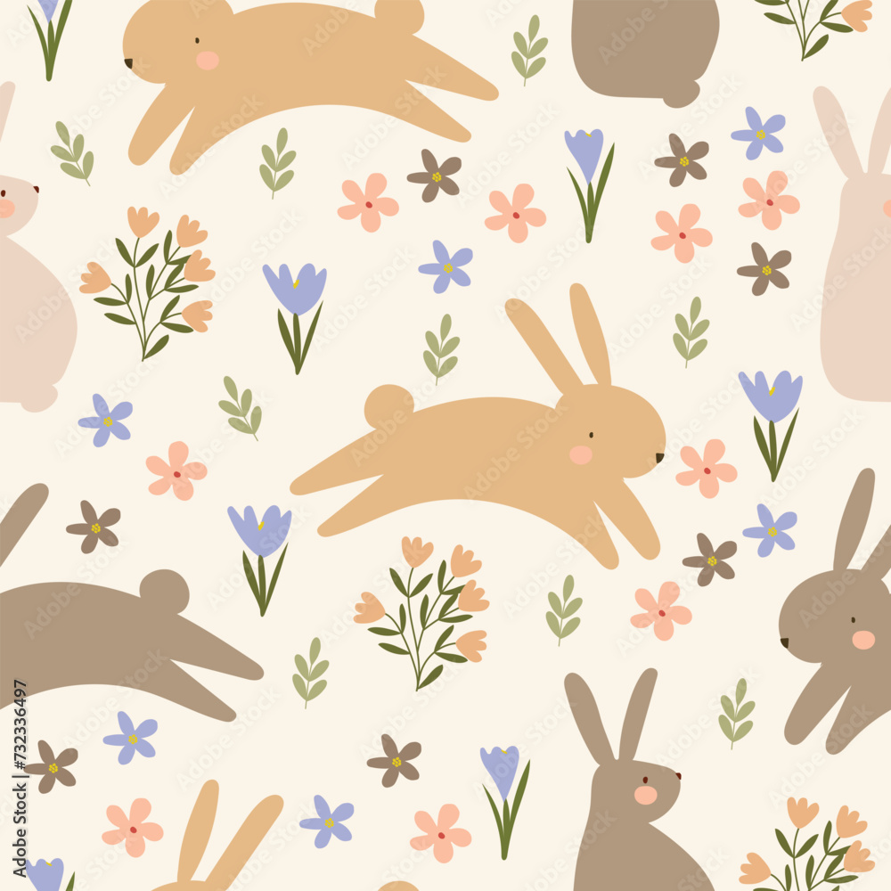 bunny hop in wild flowers garden hand drawn seamless pattern vector illustration for invitation greeting birthday party celebration wedding card poster banner textiles wallpaper paper wrap background