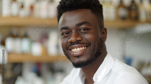 Smiling african american male pharmacist doctor in retail store