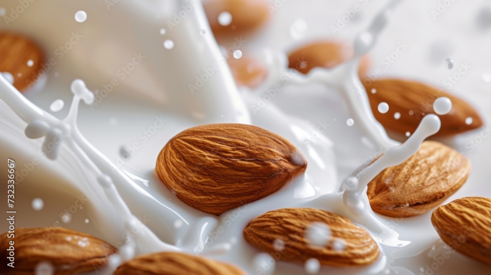 almond nuts splashed by white milk, creating a dynamic food concept, alternative vegan milk almond nuts splashed by white milk, creating a dynamic food concept, alternative vegan milk
