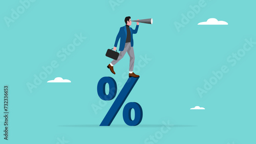 Vision to see business direction with a businessman who uses a telescope while standing on percent symbol to see the next business strategy concept design, strategy to success or business objective