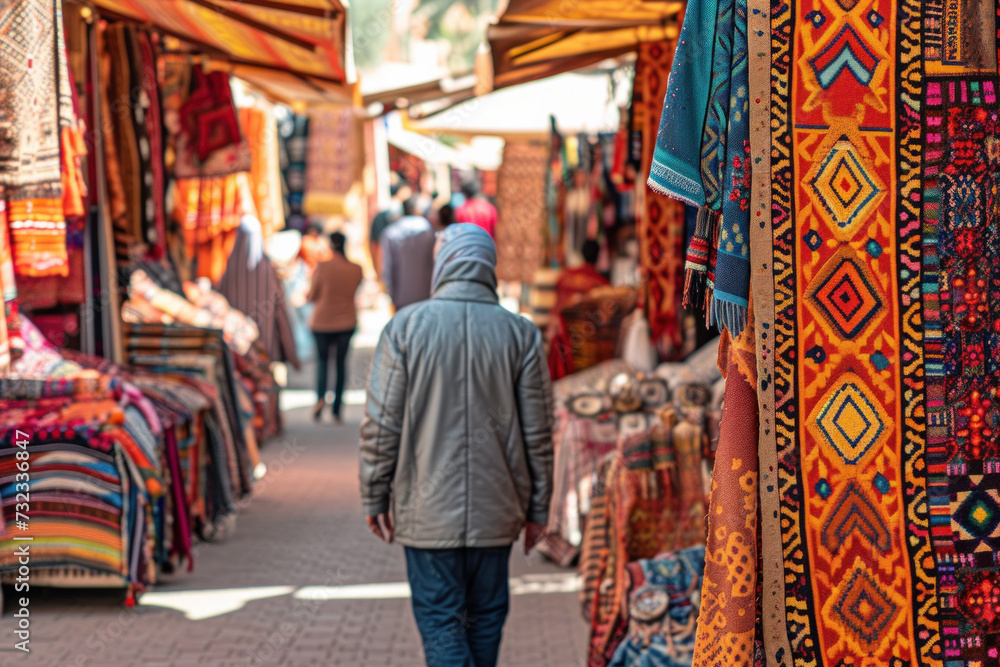 Person exploring vibrant textile market in exotic destination. Travel and culture.