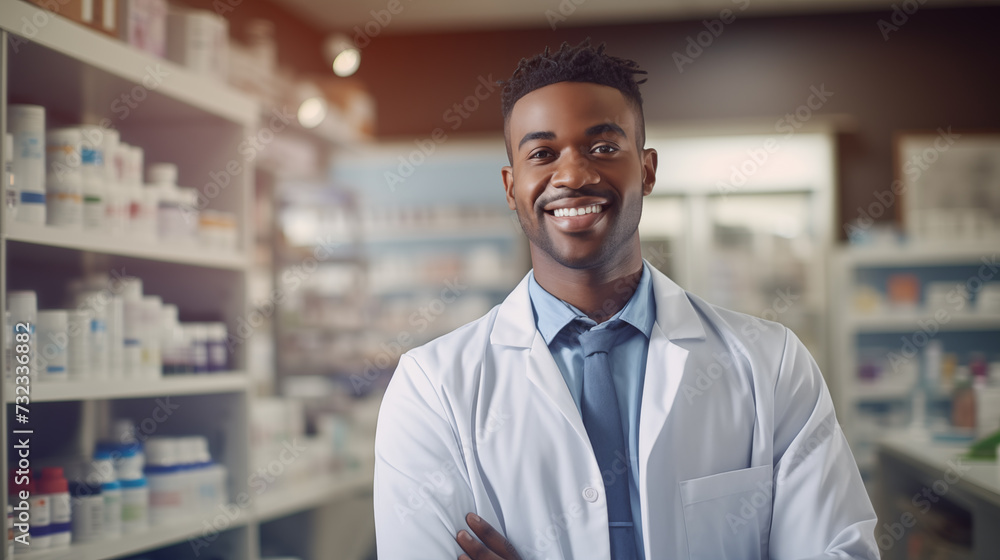 Fototapeta premium Smiling african american male pharmacist doctor in retail store
