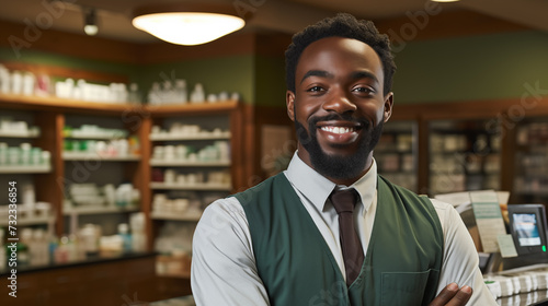Smiling african american male pharmacist doctor in retail store