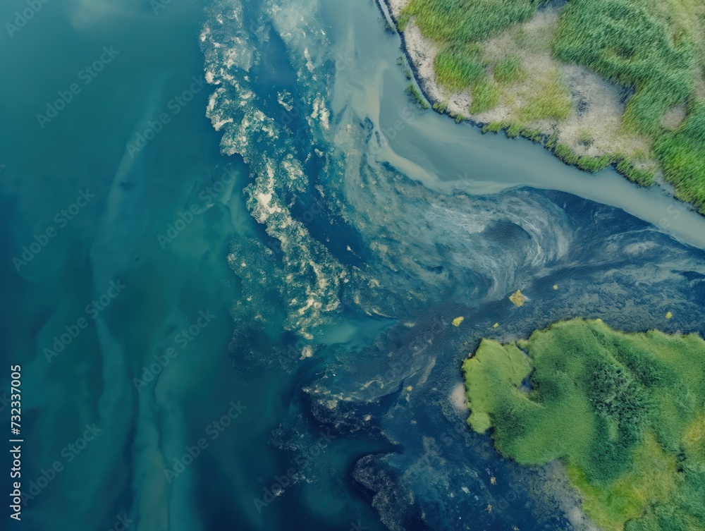 Aerial footage capturing the impact of pollution on a waterway or coastline