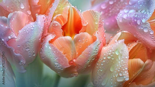 Tulips arrayed in sorbet colors of spring, dewdrops sparkling in the morning light