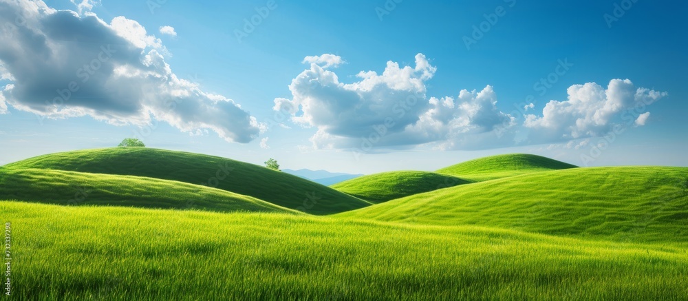 A scenic grassy hillside with green grass and a picturesque blue sky adorned with fluffy clouds, creating a breathtaking natural landscape.