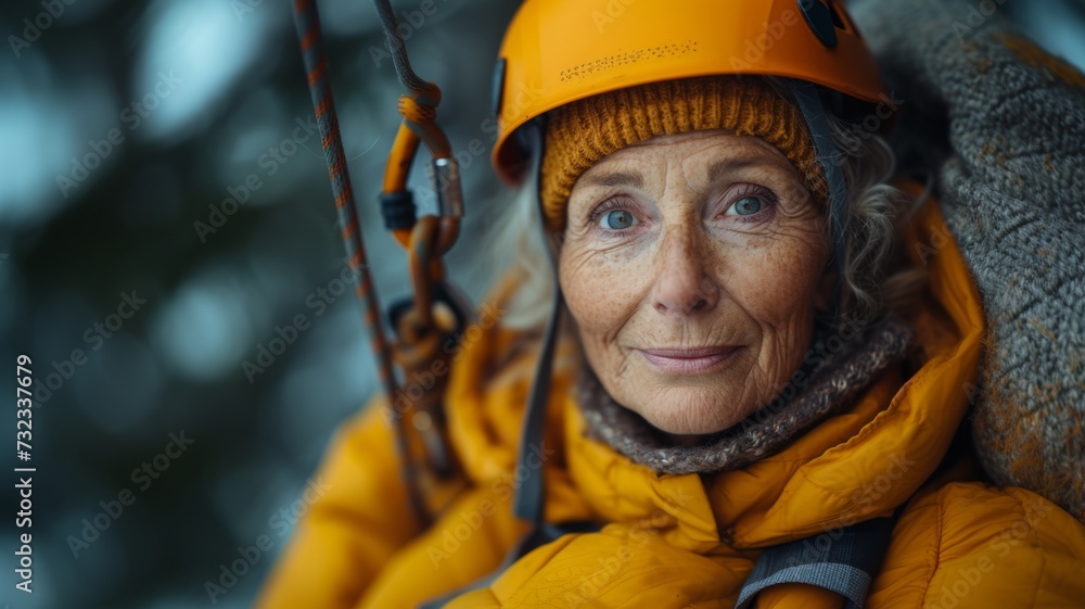 Senior woman with climbing gear, determination in her eyes, ready for adventure, AI generated Senior woman with climbing gear, determination in her eyes, ready for adventure, AI generated