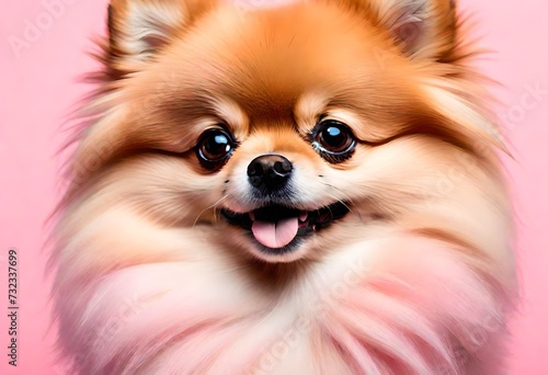 A close-up shot of a fluffy and adorable Pomeranian against a soft pastel pink background, highlighting the breed's cuteness and vibrant personality. © AQ Arts