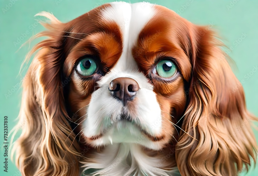 Naklejka premium A close-up shot of a gentle and affectionate Cavalier King Charles Spaniel against a warm and soothing pastel mint background, highlighting its expressive eyes and soft coat.