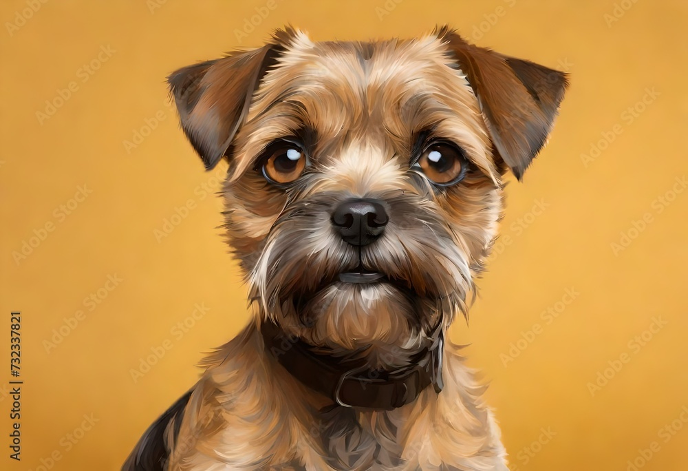 A close-up shot of a curious and intelligent Border Terrier against a warm and inviting mustard yellow background, accentuating its expressive eyes and wiry coat.