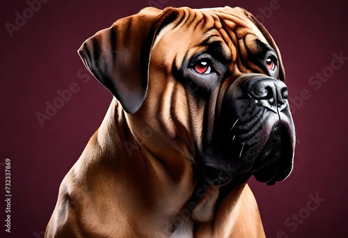 A modern and sleek composition featuring a muscular and imposing Bullmastiff against a solid deep maroon background, capturing the breed's strength and protectiveness.