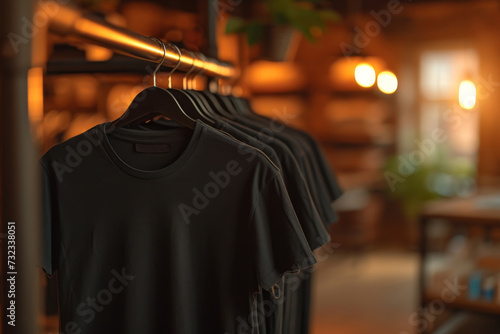 Mock up black t-shirt on rack in the clothing store, Generative AI © SOLO PLAYER