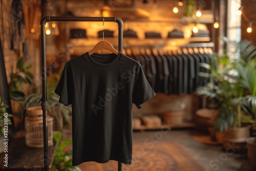 Mock up black t-shirt on rack in the clothing store, Generative AI