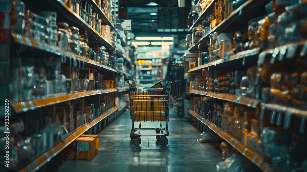 Cart on a panoramic background inside a market full of merchandise. Concept related to consumption, spending, shopping, and retail. generative AI