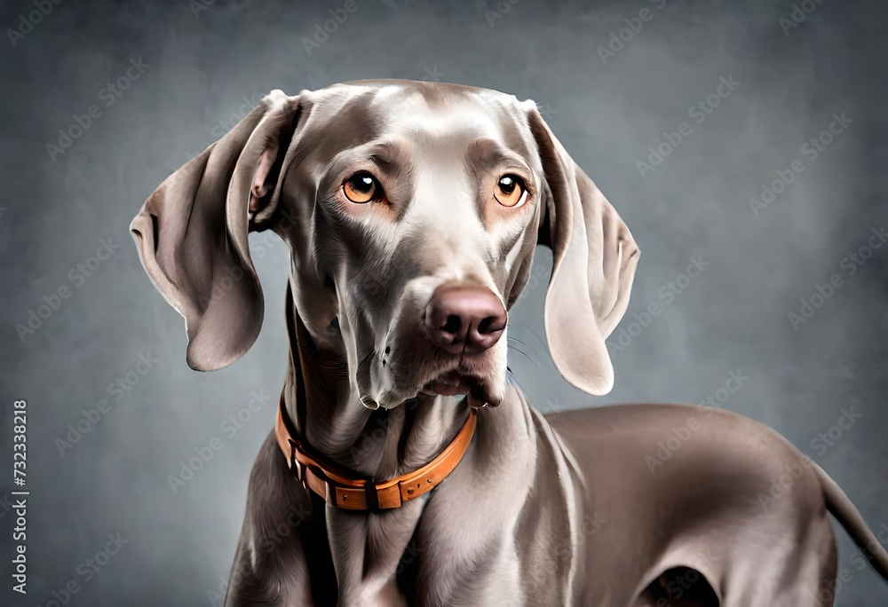 A modern and artistic composition featuring a sleek and majestic Weimaraner against a solid slate gray background, capturing the breed's regal and athletic physique. A modern and artistic composition featuring a sleek and majestic Weimaraner against a solid slate gray background, capturing the breed's regal and athletic physique.