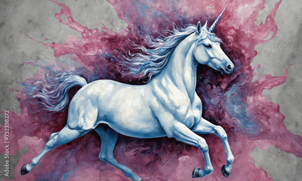 Naklejka premium Fantasy Illustration of a wild unicorn Horse. Digital art style wallpaper background in pastel colors.