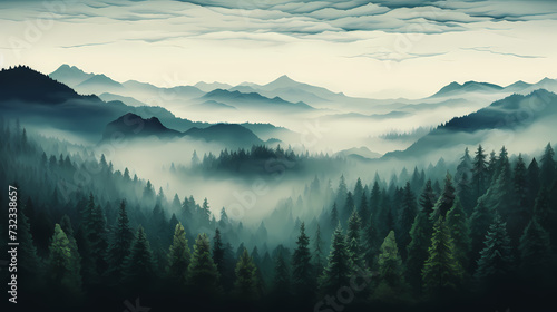 Forest landscape, exotic foggy forest