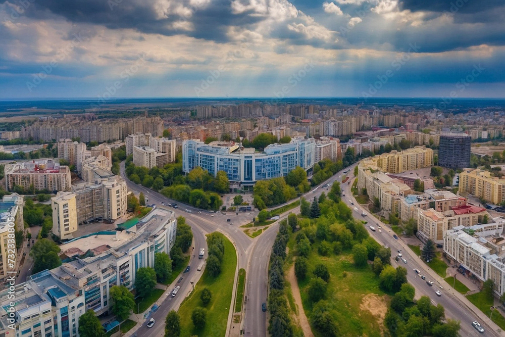 aerial drone photo shows the downtown panorama of Chisinau, showing several buildings and roads aerial drone photo shows the downtown panorama of Chisinau, showing several buildings and roads