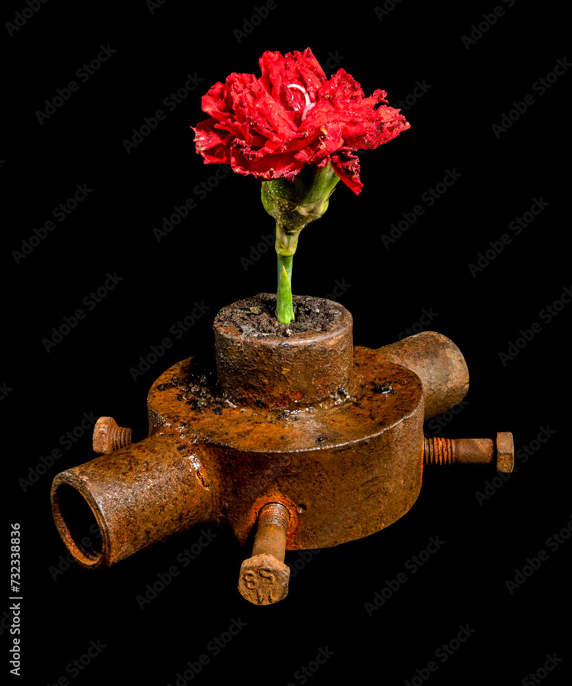 Old rusty iron bushing and flower on a black background