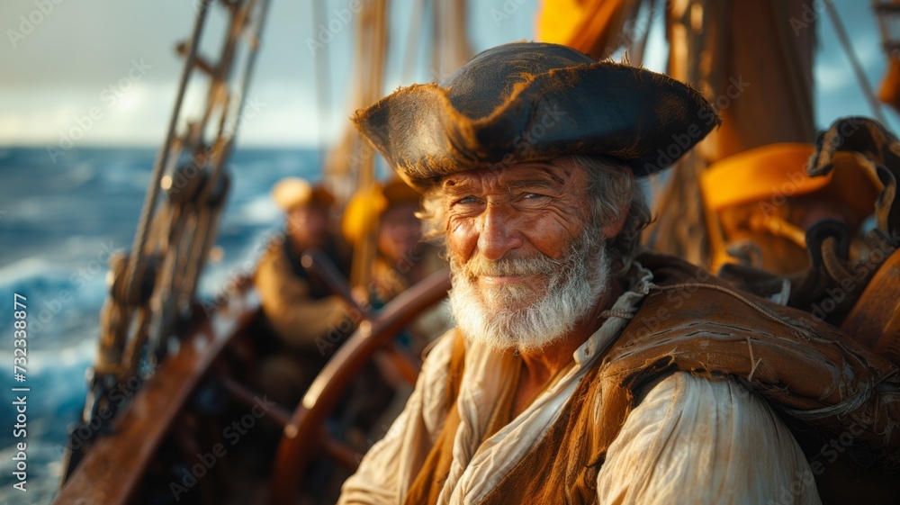 Fototapeta premium A rugged old sailor with a weathered face and a pirate hat aboard a ship, AI generated