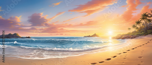 Captivating ultra-wide beach scene of a paradise beach at sunrise, a dreamy coastal landscape