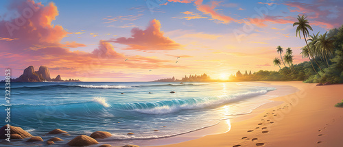Fototapeta Naklejka Na Ścianę i Meble -  Captivating ultra-wide beach scene of a paradise beach at sunrise, a dreamy coastal landscape