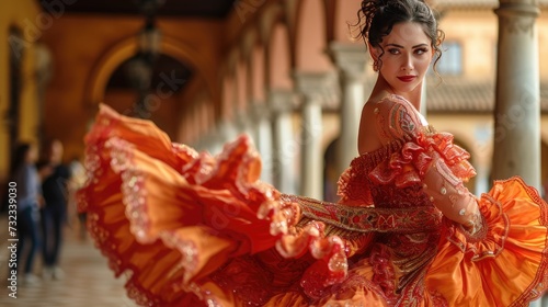 Flamenco Dancer in Vibrant Orange Dress, elegant flamenco dancer twirls in a vivid orange dress, her poise and grace embodying the passionate spirit of traditional Spanish dance