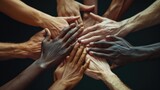 Unity in Diversity - Multiracial Hands Together, Close-up of diverse hands united together, symbolizing unity and cooperation among different races and ethnicities