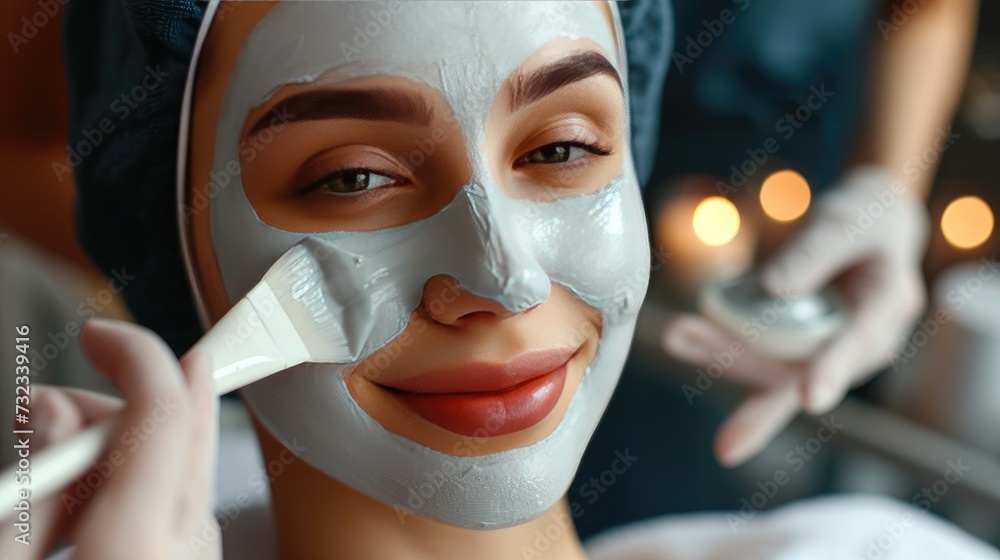 Serene Beauty Treatment, tranquil spa moment captured as a cosmetologist applies a creamy facial mask on a smiling woman, highlighting a serene beauty routine Serene Beauty Treatment, tranquil spa moment captured as a cosmetologist applies a creamy facial mask on a smiling woman, highlighting a serene beauty routine
