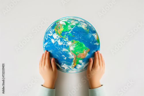 Children s hands on a drawing of the earth on a white background  Earth Day Concept
