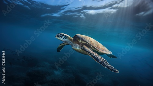 AI generated illustration of a majestic green sea turtle calmly swimming in the tropical ocean © Wirestock