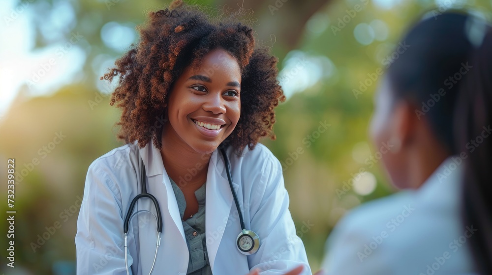 Cheerful Healthcare Consultation, radiant African American female doctor shares a joyful moment with a patient during a medical consultation Cheerful Healthcare Consultation, radiant African American female doctor shares a joyful moment with a patient during a medical consultation