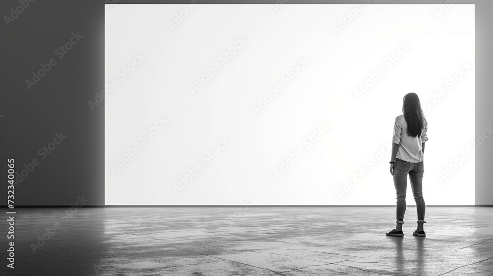 a woman watching a giant empty white screen mock-up. a woman watching a giant empty white screen mock-up.